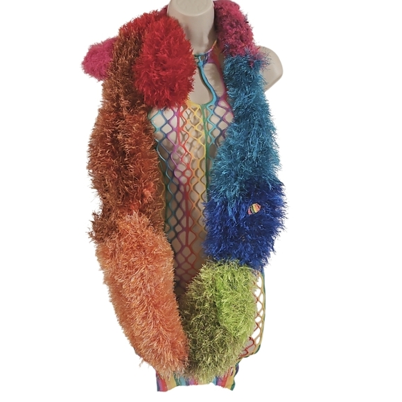 Hand Crafted Eyelash yarn Furry Knit Scarf Rainbow faux Fur LGBTQA+ Boa Scarf - Picture 5 of 17